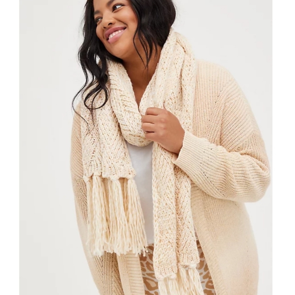 Torrid Cream Long Knit Scarf with Fringe